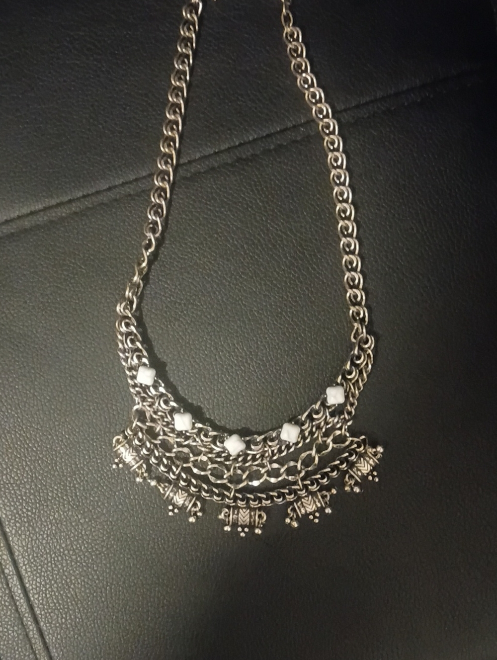 Silver-Tone Layered Chain Necklace with White Bead Accents